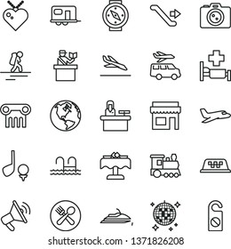 thin line vector icon set - earth vector, plane, train, camper, taxi, backpacker, escalator, passort control, arrival, disco ball, pool, hospital bed, cafe, restaurant, camera, transfer, store, golf