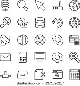 thin line vector icon set - monitor window vector, zoom out, calculation, envelope, magnifier, earth, big data, server, drawer, delete page, satellite dish, SIM, magnifying glass, dollar, phone call