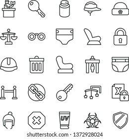 thin line vector icon set - mark of injury vector, spectacles, scales, toys over the cot, diaper, nappy, powder, Baby chair, car child seat, winter hat, warm, construction helmet, dust bin, lock
