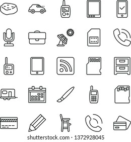 thin line vector icon set - tassel vector, desktop microphone, calendar, bank card, rss feed, toy phone, mobile, a chair for feeding child, nightstand, call, piece of meat, big solar panel, SIM, sd