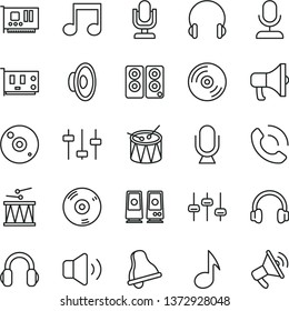 thin line vector icon set - bell vector, desktop microphone, loudspeaker, drumroll, drum, headphones, CD, volume, phone call, megaphone, pc card, speaker, note, settings