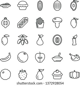 thin line vector icon set - Hot Dog vector, slices of onion, mushroom, cake, muffin, a bowl buckwheat porridge, chicken, cabbage, fried potato, pear, orange, tasty apple, half medlar, blackberry
