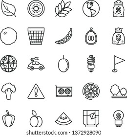 thin line vector icon set - warning vector, wicker pot, pennant, cabbage, a glass of tea, apple, half loquat, passion fruit, kiwi, slice lemon, water melon, ripe pepper, peas, broccoli, leaf, trees