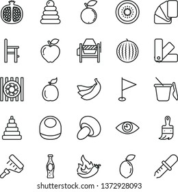 thin line vector icon set - pennant vector, baby bib, stacking rings, toy, children's sand set, a chair for feeding, concrete mixer, paint roller, color samples, sample of colour, wooden brush, eye