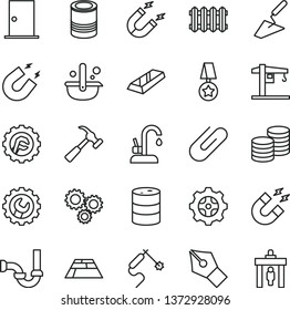 thin line vector icon set - crane vector, trowel, sewerage, ntrance door, gear, star, paving slab, new radiator, kitchen faucet, hammer with claw, coins, clip, tin, barrel, magnet, gas welding