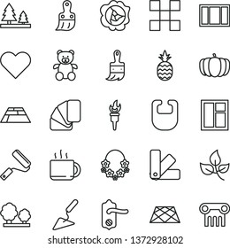 thin line vector icon set - bib vector, teddy bear, building trowel, window, frame, new roller, color samples, sample of colour, plastic brush, wooden paint, door knob, tile, paving slab, pavement