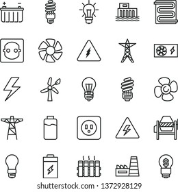 thin line vector icon set - lightning vector, danger of electricity, concrete mixer, saving light bulb, power socket type b, heating coil, radiator, fan screw, charge level, charging battery, line