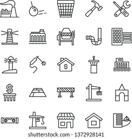 thin line vector icon set - wicker pot vector, box of bricks, dwelling, concrete mixer, small tools, siphon, building level, city block, paving slab, road fence, hammer with claw, core, factory