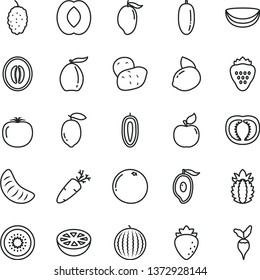 thin line vector icon set - carrot vector, strawberry, apricot, raspberry, mulberry, water melon, mango, half of, loquat, peach, date fruit, slice tangerine, sweet, lemon, yellow, kiwi, grapefruit