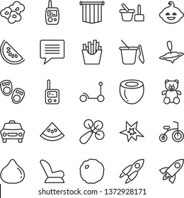 thin line vector icon set - image of thought vector, baby rattle, car child seat, toy phone, mobile, sand set, children's, teddy bear, funny hairdo, small yule, bicycle, Kick scooter, cabbage, fig