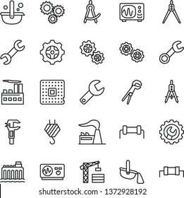 thin line vector icon set - repair key vector, tower crane, hook, gears, adjustable wrench, gear, factory, hydroelectricity, industrial building, processor, Measuring compasses, caliper, metallurgy