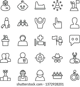 thin line vector icon set - woman vector, women, hat with glasses, potty chair, funny hairdo, index finger, racer, builder, court hearing, man in sight, operator, think, conversation, scientist