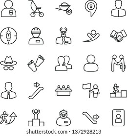 thin line vector icon set - women vector, hat with glasses, summer stroller, children's tracks, workman, garden trolley, employee, court hearing, woman, man, goal, handclasp, scientist, arrow up