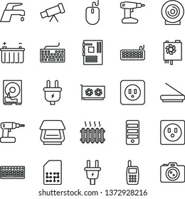 thin line vector icon set - keyboard vector, cordless drill, power socket type b, faucet mixer, lens, battery, plug, electric, SIM, cast iron radiator, mobile phone, mouse, pc supply, tower, hdd