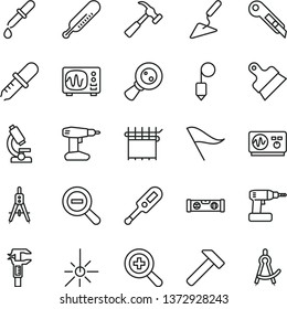thin line vector icon set - zoom vector, out, wind direction indicator, electronic thermometer e, mercury, building trowel, cordless drill, level, plummet, putty knife, stationery, hammer, with claw