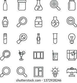 thin line vector icon set - matte light bulb vector, magnifier, zoom, out, window, frame, a glass of soda, tea, bottle, jam, jar, magnifying, flask, test tube, cocktail, restaurant