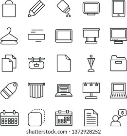 thin line vector icon set - laptop vector, monitor, calendar, paper bag, clean sheet of, scribbled, minus, baby powder, folder, hanger, label, copy, antique advertising signboard, pencil, tablet pc