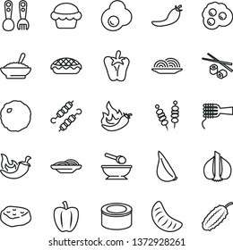 thin line vector icon set - deep plate with a spoon vector, plastic fork spoons, canned goods, fried vegetables on sticks, onion, slices of, noodles, cake, apple pie, bowl buckwheat porridge, piece