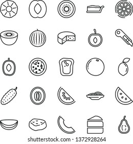 thin line vector icon set - stationery knife vector, cheese, pizza, slices of onion, piece cake, slice, meat, cucumber, orange, sandwich, water melon, delicious plum, half peach, cherry, kiwi, lemon