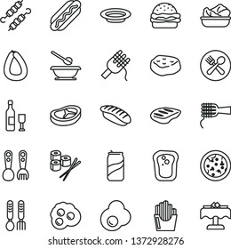 thin line vector icon set - plates and spoons vector, plastic fork, iron, stick of sausage, pizza, Hot Dog, burger, spaghetti, noodles, lettuce in a plate, bacon, chop, meat on skewers, piece, egg