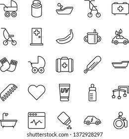 thin line vector icon set - toys over the cot vector, mug for feeding, bottle, powder, baby, stroller, carriage, summer, sitting, mercury thermometer, children's bathroom, bath, comb, warm socks
