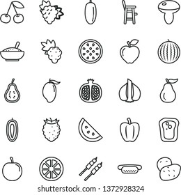 thin line vector icon set - a chair for feeding child vector, mini hot dog, mushroom, bowl of rice porridge, barbecue, orange slice, sandwich, cherry, half pomegranate, grape, branch, red apple