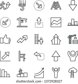 thin line vector icon set - upward direction vector, downward, growth up, line chart, positive histogram, a chair for feeding, crane, tower, winch hook, ladder, left bottom arrow, move, right, man