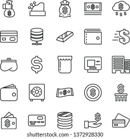 thin line vector icon set - purse vector, dollar, buildings, big data server, strongbox, jam, reverse side of a bank card, front the, column coins, denomination, get wage, wallet, cash, cashbox, atm