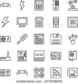 thin line vector icon set - lightning vector, floppy disk, monitor window, calculator, rss feed, electronic thermometer e, math actions, processor, assembly robot, engineer, pc power supply, tower