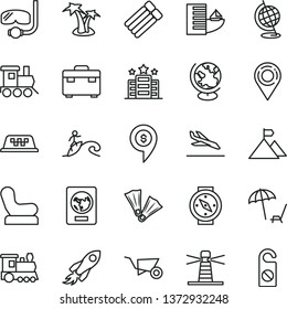 thin line vector icon set - Baby chair vector, toy train, building trolley, suitcase, lighthouse, location, space rocket, globe, mountain flag, dollar pin, taxi, passport, arrival, hotel, palm tree