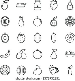 thin line vector icon set - cake slice vector, a plate of fruit, jar jam, strawberries, pear, branch grape, quince, strawberry, rose hip, blackberry, tasty cornels, melon, water, delicious plum