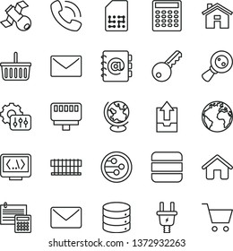 thin line vector icon set - house vector, sign of the planet, grocery basket, upload archive data, calculation, envelope, big, address book, electric plug, SIM, magnifying glass, phone call, network