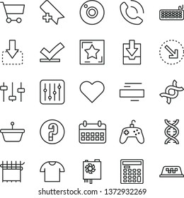 thin line vector icon set - camera vector, add bookmark, minus, download archive data, question, heart, regulator, T shirt, phone call, move down, right bottom arrow, cloth industry, cart, pan, dna
