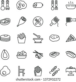 thin line vector icon set - plates and spoons vector, a chair for feeding, plastic fork, iron, sausage, stick of, piece pizza, spaghetti, noodles, hot porridge, lettuce in plate, grill chicken leg