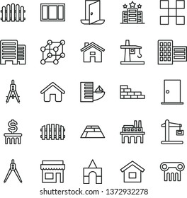 thin line vector icon set - house vector, box of bricks, dwelling, brick wall, window frame, ntrance door, buildings, city block, tile, fence, hedge, paving slab, industrial enterprise, tower crane