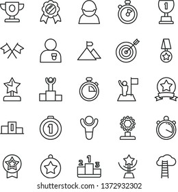 thin line vector icon set - stopwatch vector, pedestal, racer, winner, podium, prize, award, cup, star, reward, man with medal, flag, mountain, target, first place, ribbon, cross flags, cloud ladder