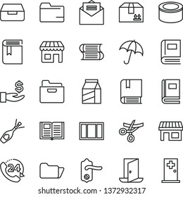 thin line vector icon set - folder vector, book, e, books, window frame, door knob, received letter, umbrella, drawer, cardboard box, 24, package, canned goods, kiosk, stall, get a wage, exit