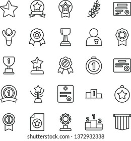 thin line vector icon set - star vector, pedestal, medal, patente, winner, laurel branch, award, cup, gold, reward, man with, first place, pennant, ribbon, certificate, flag