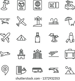 thin line vector icon set - case vector, passport, coastal lighthouse, sand castle, helicopter, dollar pin, plane, bus, passenger, rolling suitcase, ticket, departure, hotel, tent, beach, palm tree