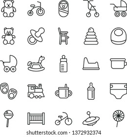 thin line vector icon set - baby cot vector, dummy, mug for feeding, bottle, measuring, diaper, bib, stroller, carriage, sitting, stacking rings, roly poly doll, children's potty, chair, a child