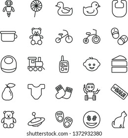thin line vector icon set - bib vector, baby, Child T shirt, rubber duck, duckling, warm socks, toy mobile phone, children's potty, teddy bear, small, hairdo, train, bicycle, tricycle, pear