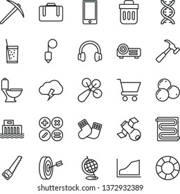 thin line vector icon set - baby rattle vector, warm socks, arm saw, toilet, plummet, heating coil, hammer with claw, storm cloud, smartphone, cart, math actions, a glass of soda, blueberries, dna