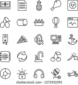 thin line vector icon set - renewal vector, silent mode, concrete mixer, power socket type b, kitchen faucet, boiler, anchor, cardiogram, address book, piece of pizza, chicken leg, a pineapple, pipe