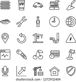 thin line vector icon set - desktop microphone vector, counterclockwise, growth chart, crane, tower, dwelling, trowel, siphon, stationery knife, wall clock, cardiogram, slices of onion, bottle soda