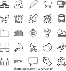 thin line vector icon set - image of thought vector, alarm clock, women, dummy, summer stroller, mercury thermometer, drum, new roller, building level, tile, flowchart, eggs, tin, half medlar, trees
