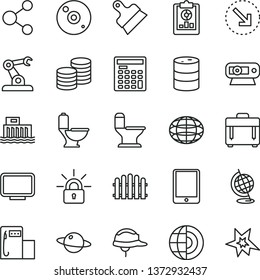 thin line vector icon set - toilet vector, comfortable, helmet, putty knife, hedge, case, coins, planet, right bottom arrow, modern gas station, barrel, hydroelectric, assembly robot, connection, cd