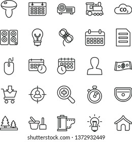 thin line vector icon set - zoom vector, woman, camera roll, toy sand set, sink, hawser, bulb, put in cart, mushroom, forest, CO2, man sight, dollar, calendar, wall, mouse, pc speaker, projector