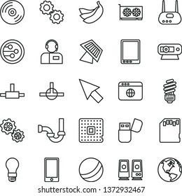 Thin Line Vector Icon Set - Bath Ball Vector, Sewerage, Saving Light Bulb, CD, Smartphone, Operator, Bananas, Gears, Processor, Tablet Pc, Gpu Card, Web Camera, Router, Usb Flash, Speaker, Network