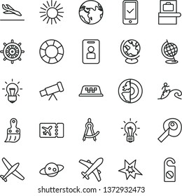 thin line vector icon set - plastic brush vector, telescope, bulb, globe, drawing compass, artifical insimination, earth core, saturn, bang, plane, taxi, baggage scanner, ticket, phone registration