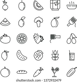 thin line vector icon set - loaf vector, spaghetti, noodles, hot porridge, tomato, beet, carrot, a glass of soda, tea, cocktail, strawberries, mint, branch grape, cornels, slice water melon, mango